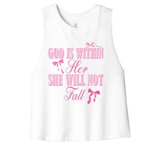 God Is Within Her She Will Not Fall Bible Verse Coquette Bow Great Gift Women's Racerback Cropped Tank