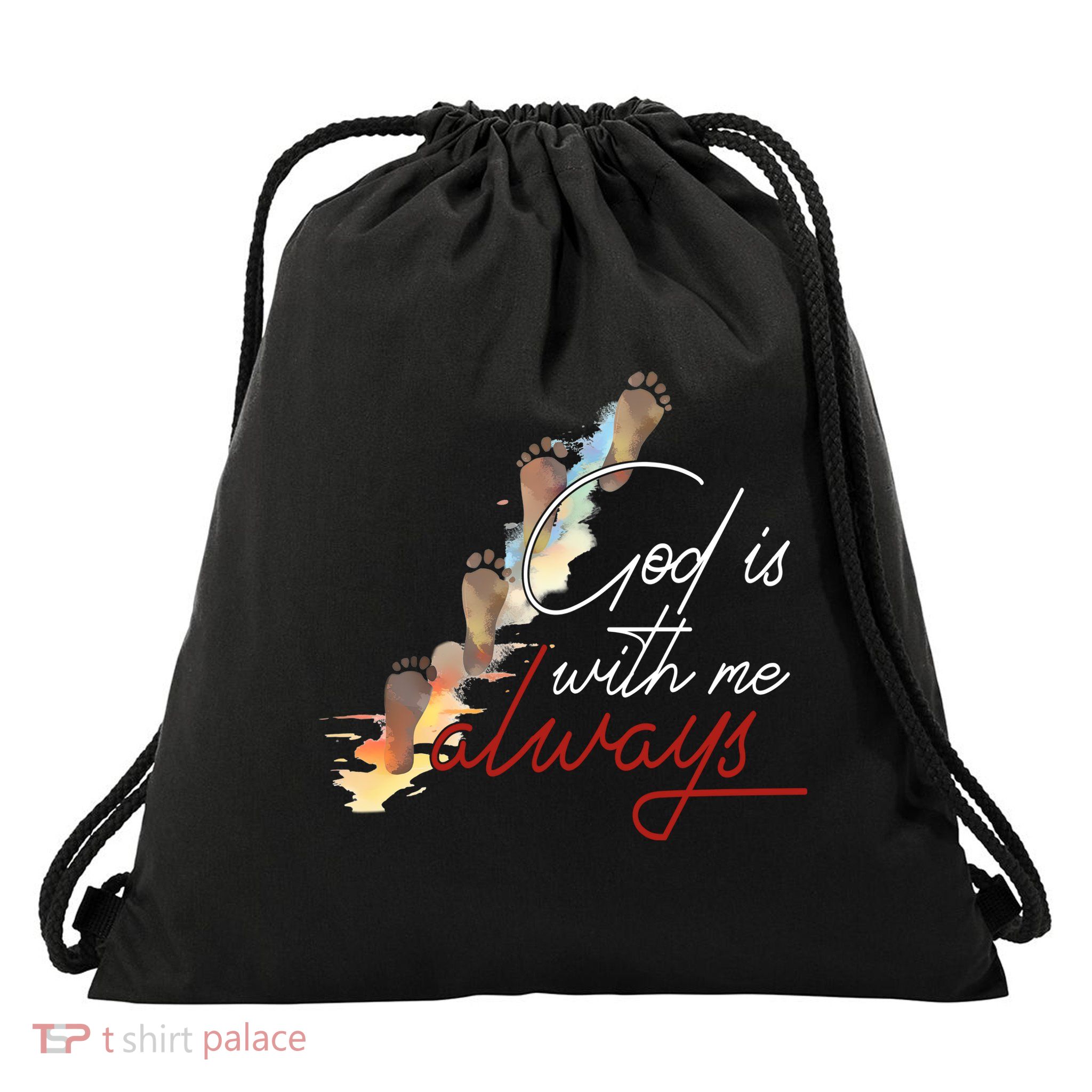 God Is With Me Always Footsteps Drawstring Bag