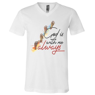 God Is With Me Always Footsteps V-Neck T-Shirt