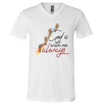 God Is With Me Always Footsteps V-Neck T-Shirt