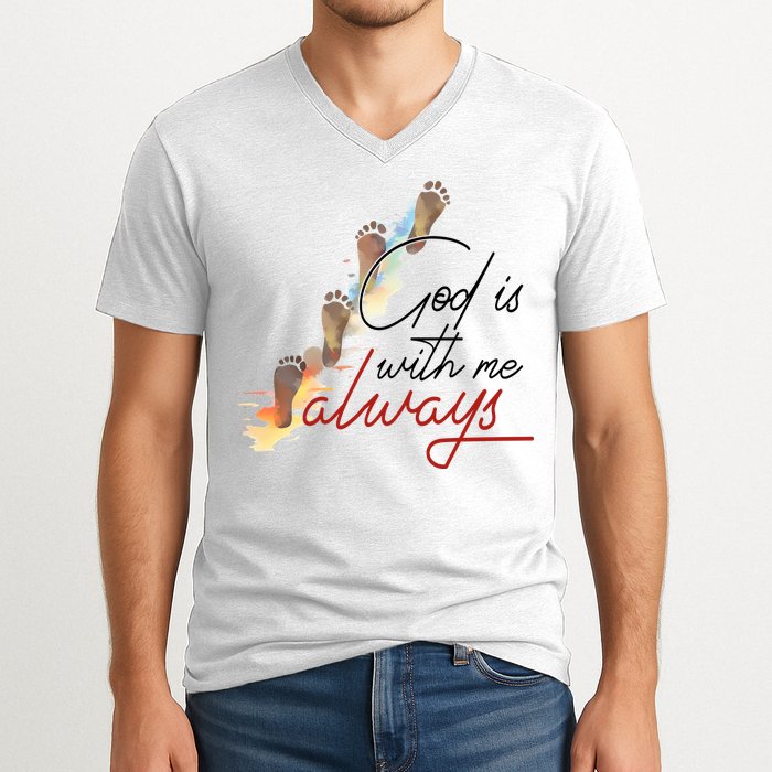 God Is With Me Always Footsteps V-Neck T-Shirt