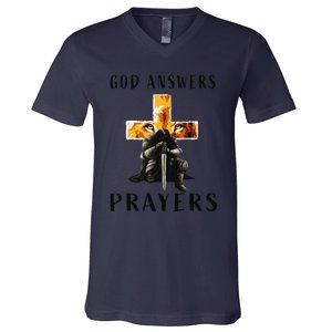 God Jesus Answers Prayers Warrior Christian Lion Graphic V-Neck T-Shirt