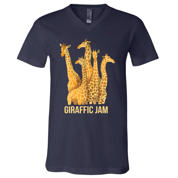 Giraffic Jam Funny Giraffe Driver Raffic Pun Gift V-Neck T-Shirt