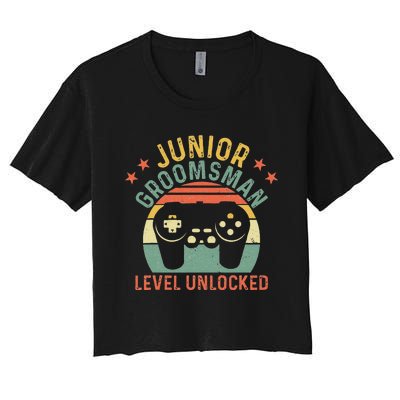 Gamer Junior Groomsman Level Unlocked Video Gaming Wedding Women's Crop Top Tee