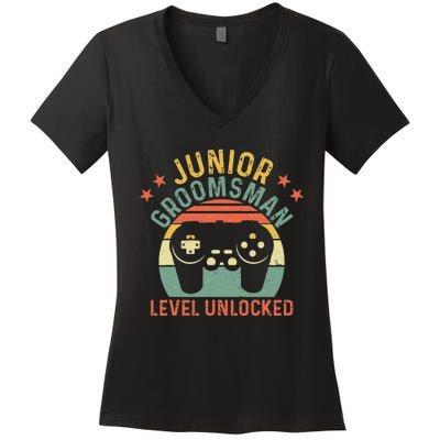 Gamer Junior Groomsman Level Unlocked Video Gaming Wedding Women's V-Neck T-Shirt