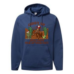 Giddyup Jingle Horse Pick Up Your Feet Cow Santa Xmas Gift Performance Fleece Hoodie