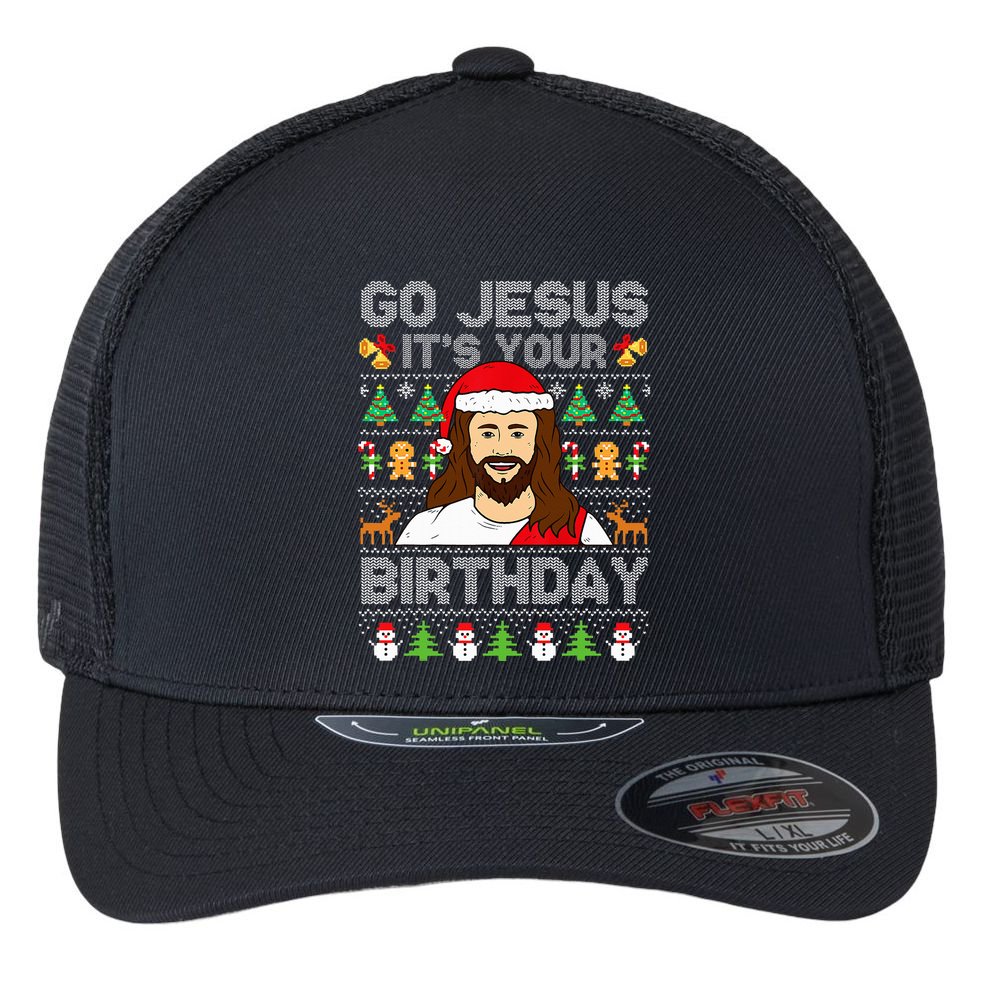 Go Jesus It's Your Birthday Ugly Christmas Sweater Funny  Flexfit Unipanel Trucker Cap