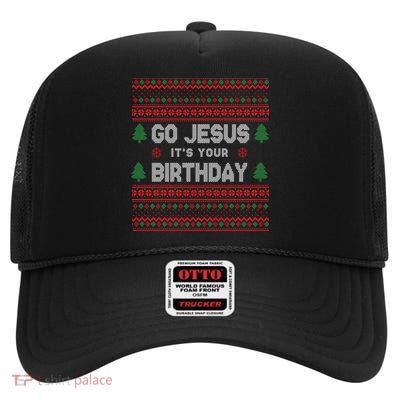Go Jesus It's Your Birthday Ugly Christmas High Crown Mesh Back Trucker Hat
