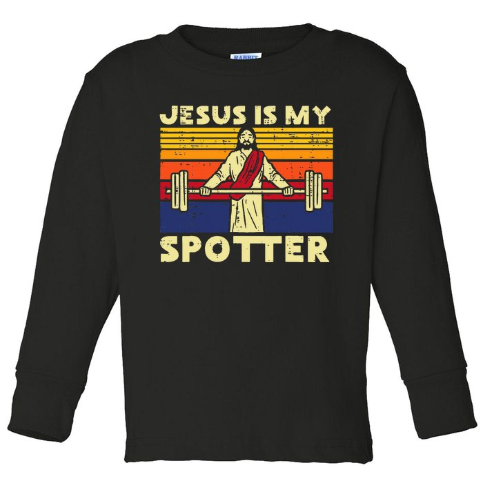 Gym Jesus Is My Spotter Christian Workout Lifting Toddler Long Sleeve Shirt