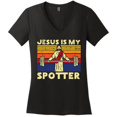 Gym Jesus Is My Spotter Christian Workout Lifting Women's V-Neck T-Shirt