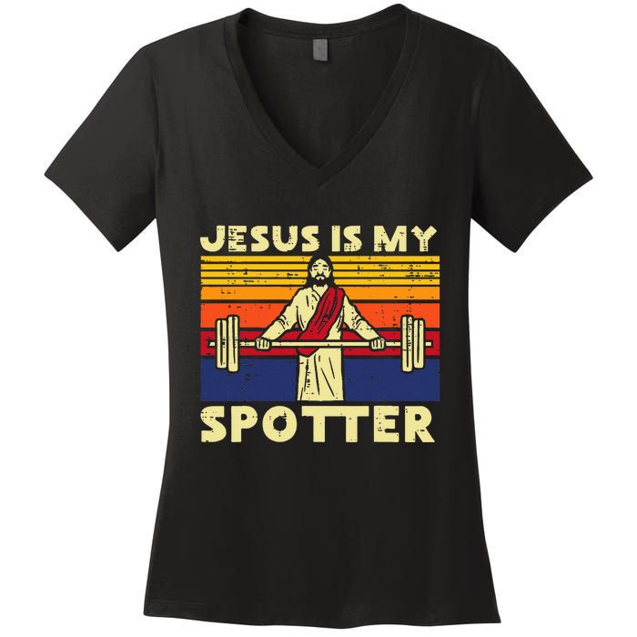 Gym Jesus Is My Spotter Christian Workout Lifting Women's V-Neck T-Shirt