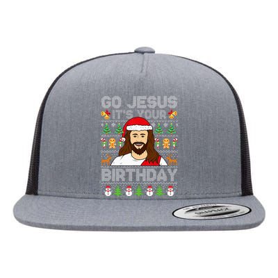 Go Jesus ItS Your Birthday Ugly Christmas Sweater Funny Flat Bill Trucker Hat