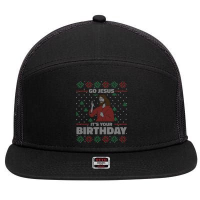 Go Jesus ItS Your Birthday Funny Gift Ugly Christmas Sweater Cute Gift 7 Panel Mesh Trucker Snapback Hat