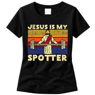 Gym Jesus Is My Spotter Christian Workout Lifting Womens T-Shirt
