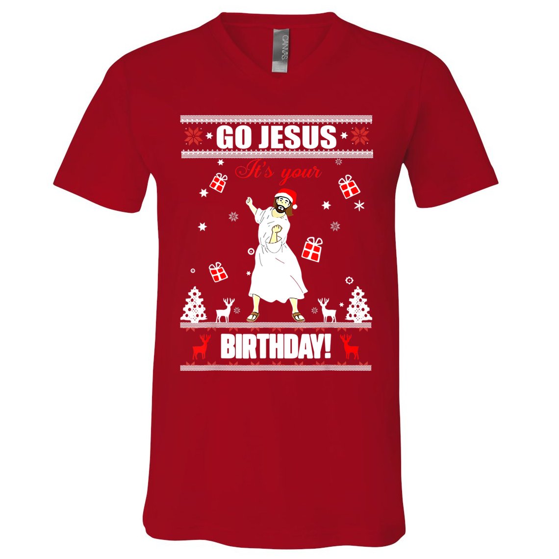Go Jesus ItS Your Birthday Funny Christian Ugly Christmas V-Neck T-Shirt