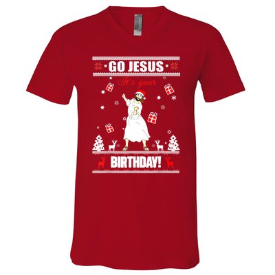 Go Jesus ItS Your Birthday Funny Christian Ugly Christmas V-Neck T-Shirt