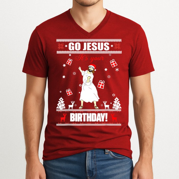 Go Jesus ItS Your Birthday Funny Christian Ugly Christmas V-Neck T-Shirt