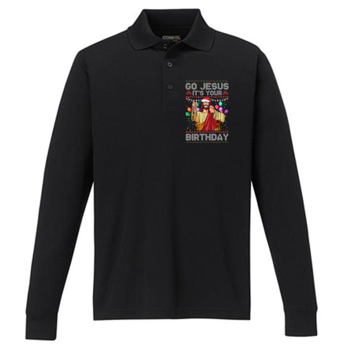 Go Jesus ItS Your Birthday Ugly Christmas Sweater Funny Performance Long Sleeve Polo