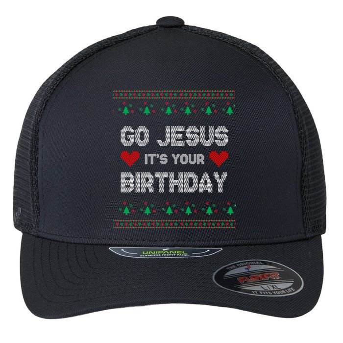 Go Jesus It's Your Birthday Ugly Christmas Party Flexfit Unipanel Trucker Cap