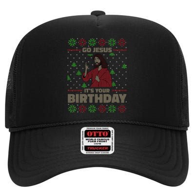 Go Jesus It's Your Birthday Christian Funny Ugly Christmas High Crown Mesh Back Trucker Hat