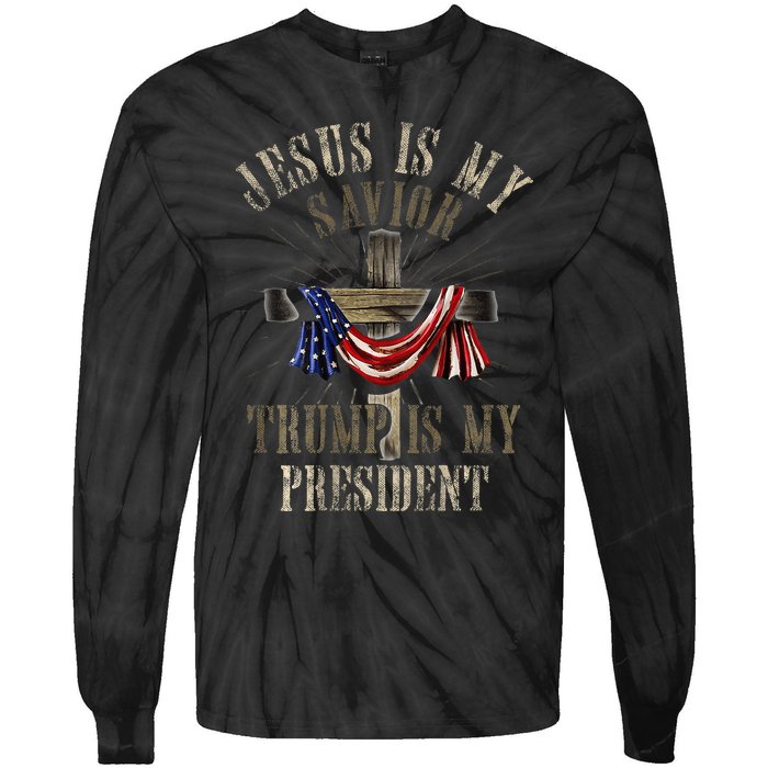 God Jesus Is My Savior Trump Is My President 2024 Christian Tie-Dye Long Sleeve Shirt