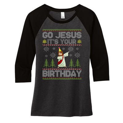 Go Jesus It's Your Birthday Ugly Xmas Sweater  Women's Tri-Blend 3/4-Sleeve Raglan Shirt