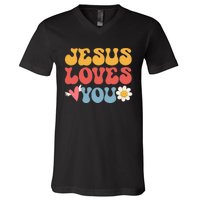 Groovy Jesus Loves You Christian 70's Hippie V-Neck T-Shirt