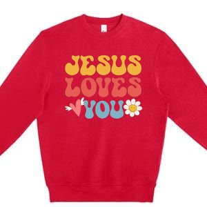 Groovy Jesus Loves You Christian 70's Hippie Premium Crewneck Sweatshirt