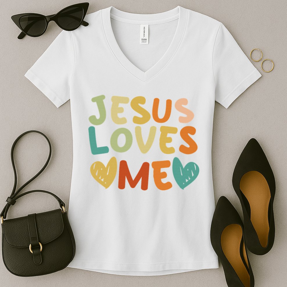 Groovy Jesus Loves Me Biblical Christian Church Retro Women's V-Neck T-Shirt