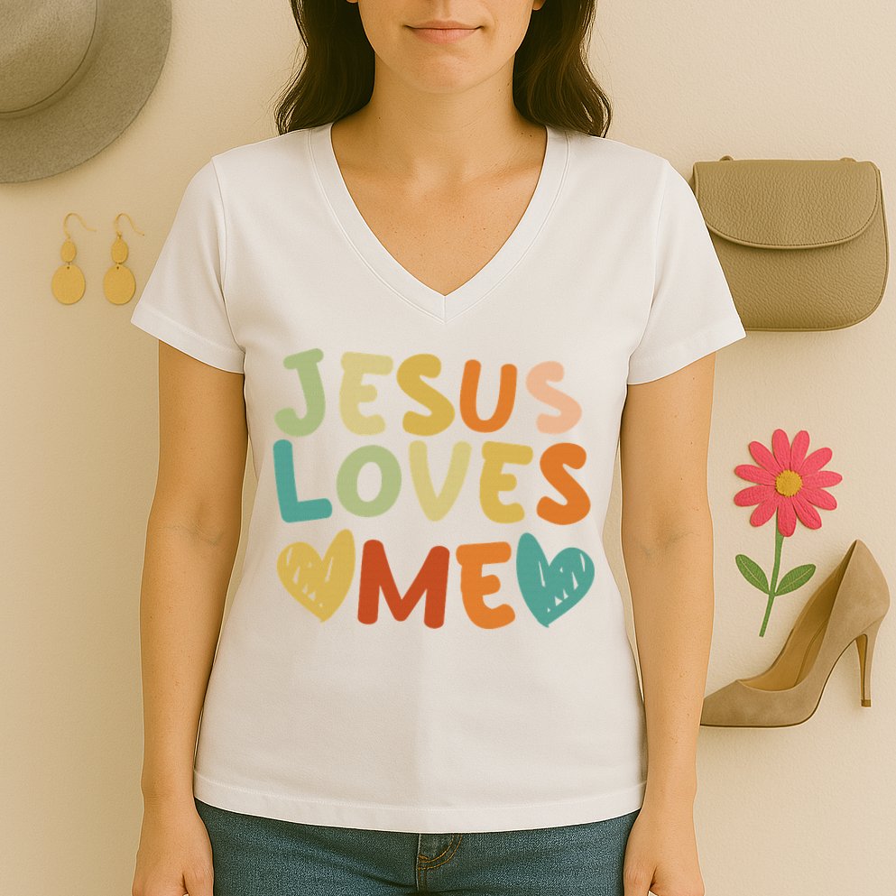 Groovy Jesus Loves Me Biblical Christian Church Retro Women's V-Neck T-Shirt