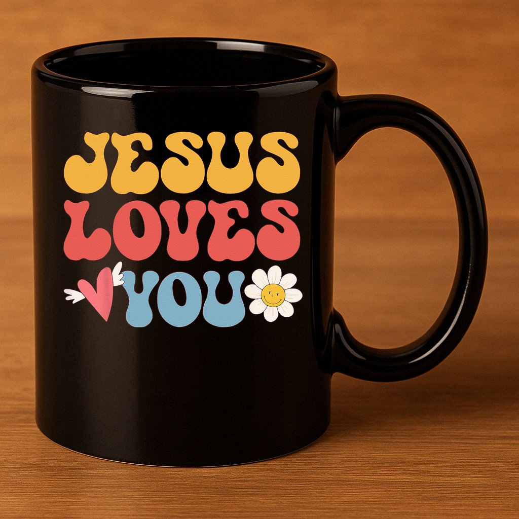 Groovy Jesus Loves You Christian 70s Hippie 11oz C Handle Ceramic Mug