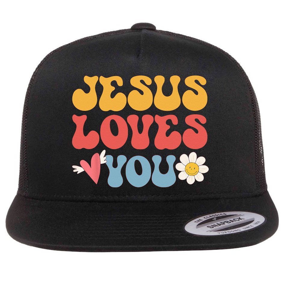 Groovy Jesus Loves You Christian 70s Hippie Flat Bill Trucker Hat