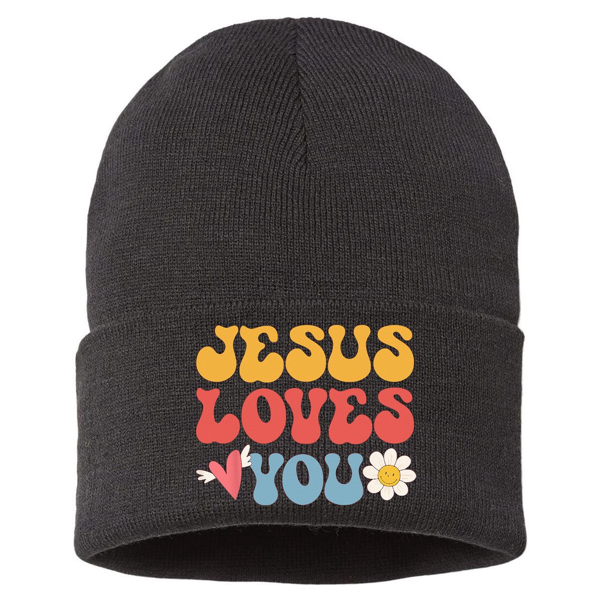 Groovy Jesus Loves You Christian 70s Hippie Sustainable Knit Beanie