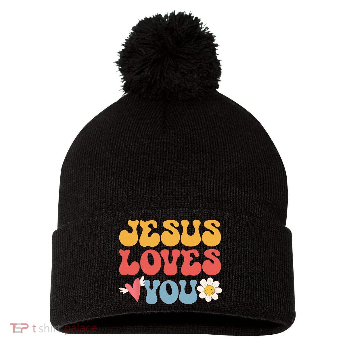 Groovy Jesus Loves You Christian 70s Hippie Pom Pom 12in Knit Beanie