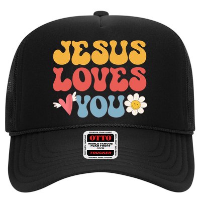 Groovy Jesus Loves You Christian 70s Hippie Trucker Hat