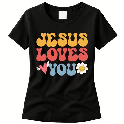 Groovy Jesus Loves You Christian 70s Hippie Womens T-Shirt