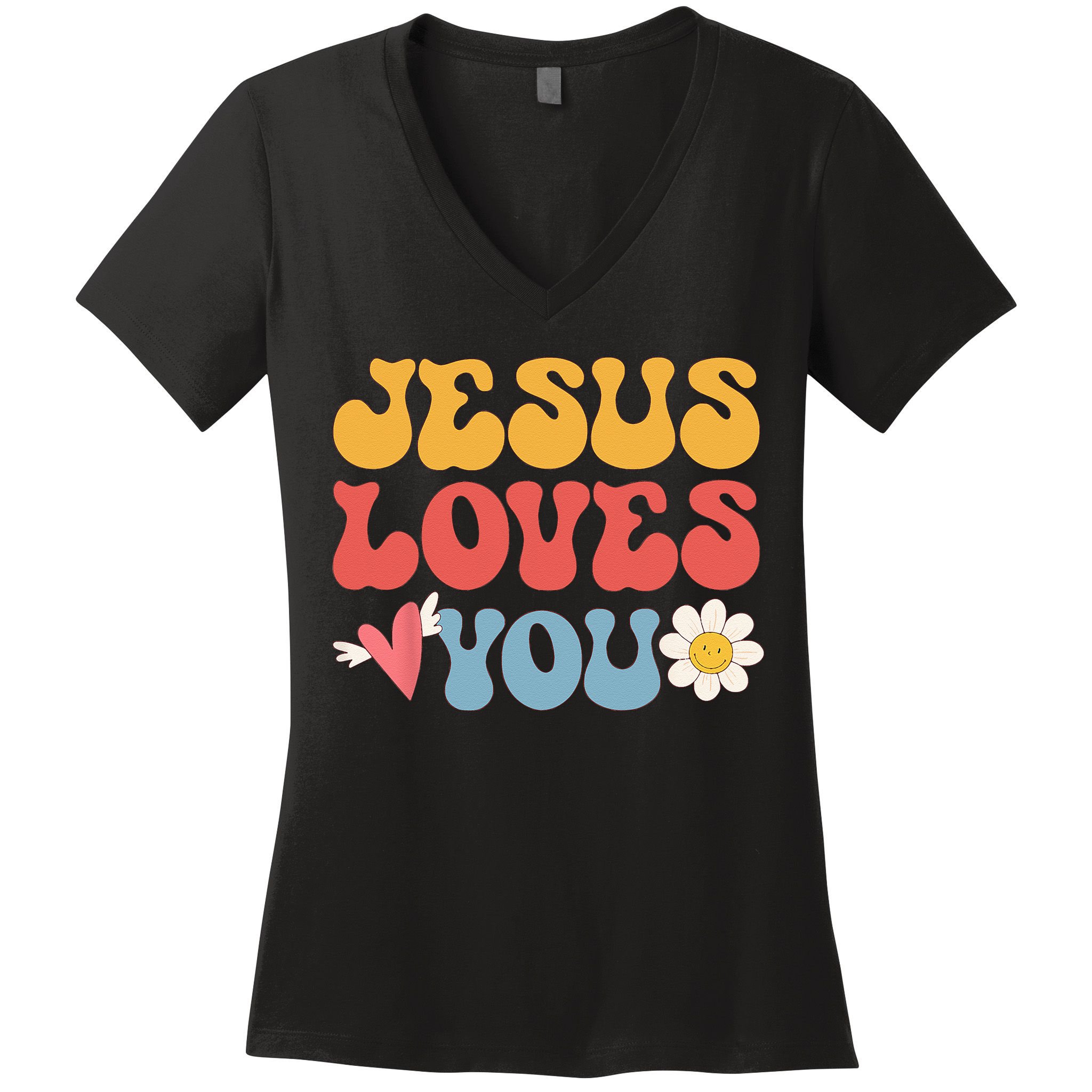 Groovy Jesus Loves You Christian 70s Hippie Women's V-Neck T-Shirt