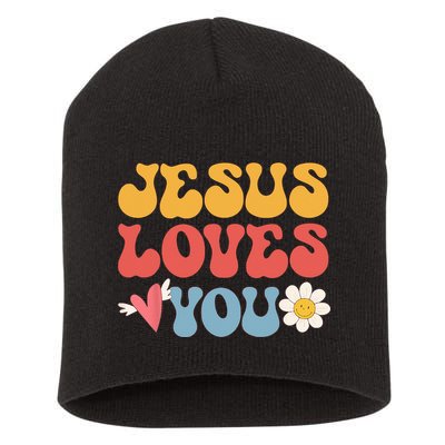 Groovy Jesus Loves You Christian 70s Hippie Short Acrylic Beanie