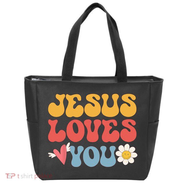 Groovy Jesus Loves You Christian 70s Hippie Zip Tote Bag