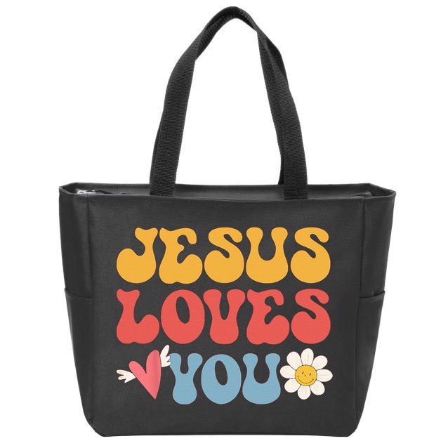 Groovy Jesus Loves You Christian 70s Hippie Zip Tote Bag