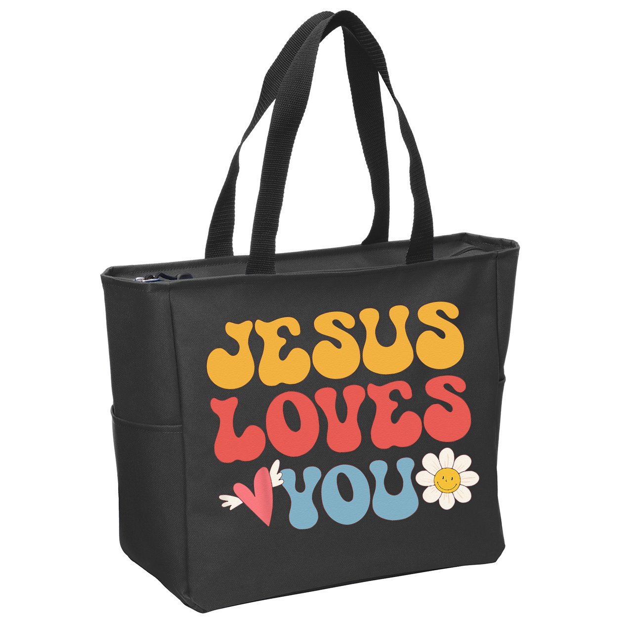 Groovy Jesus Loves You Christian 70s Hippie Zip Tote Bag