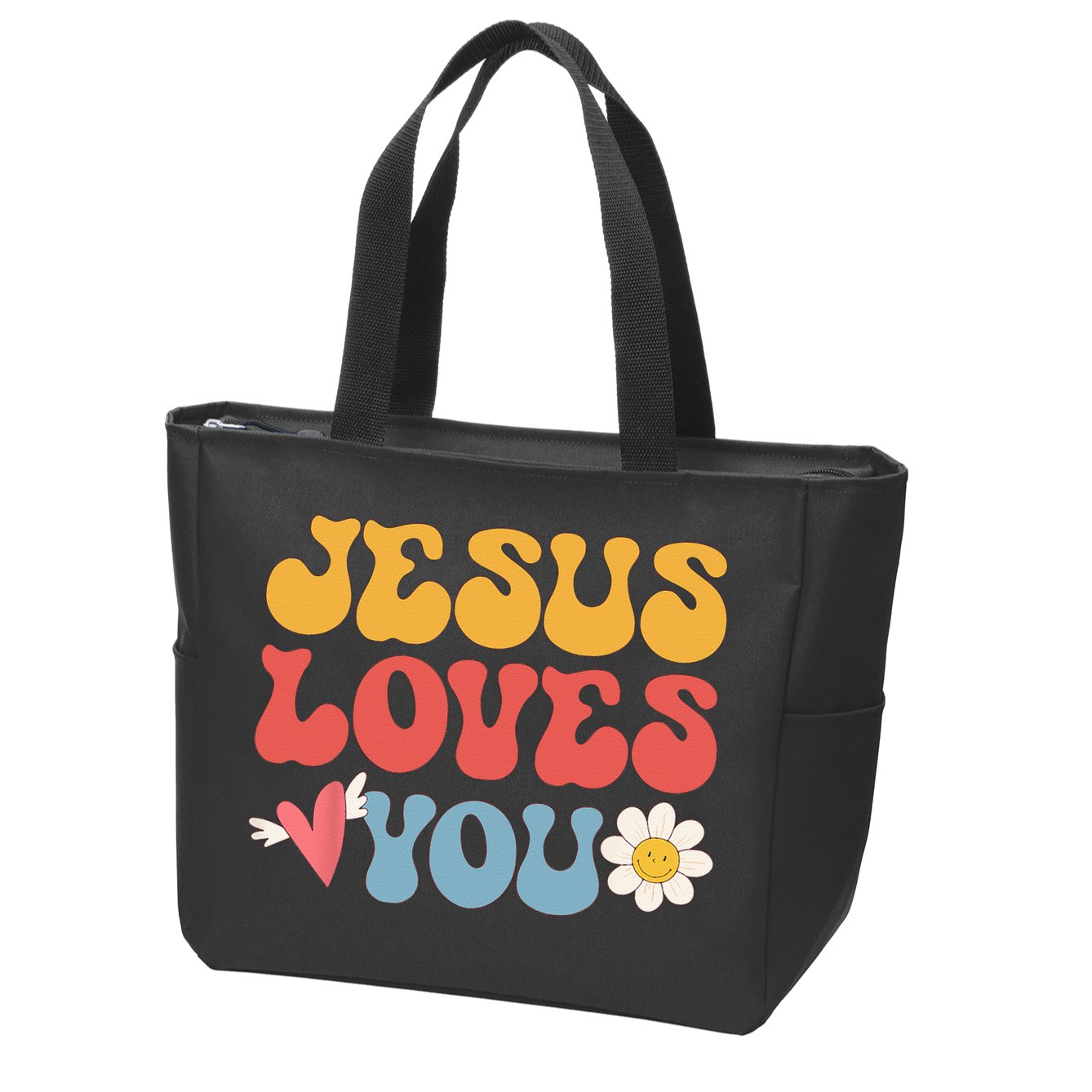 Groovy Jesus Loves You Christian 70s Hippie Zip Tote Bag