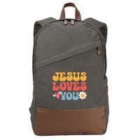 Groovy Jesus Loves You Christian 70s Hippie Cotton Canvas Backpack