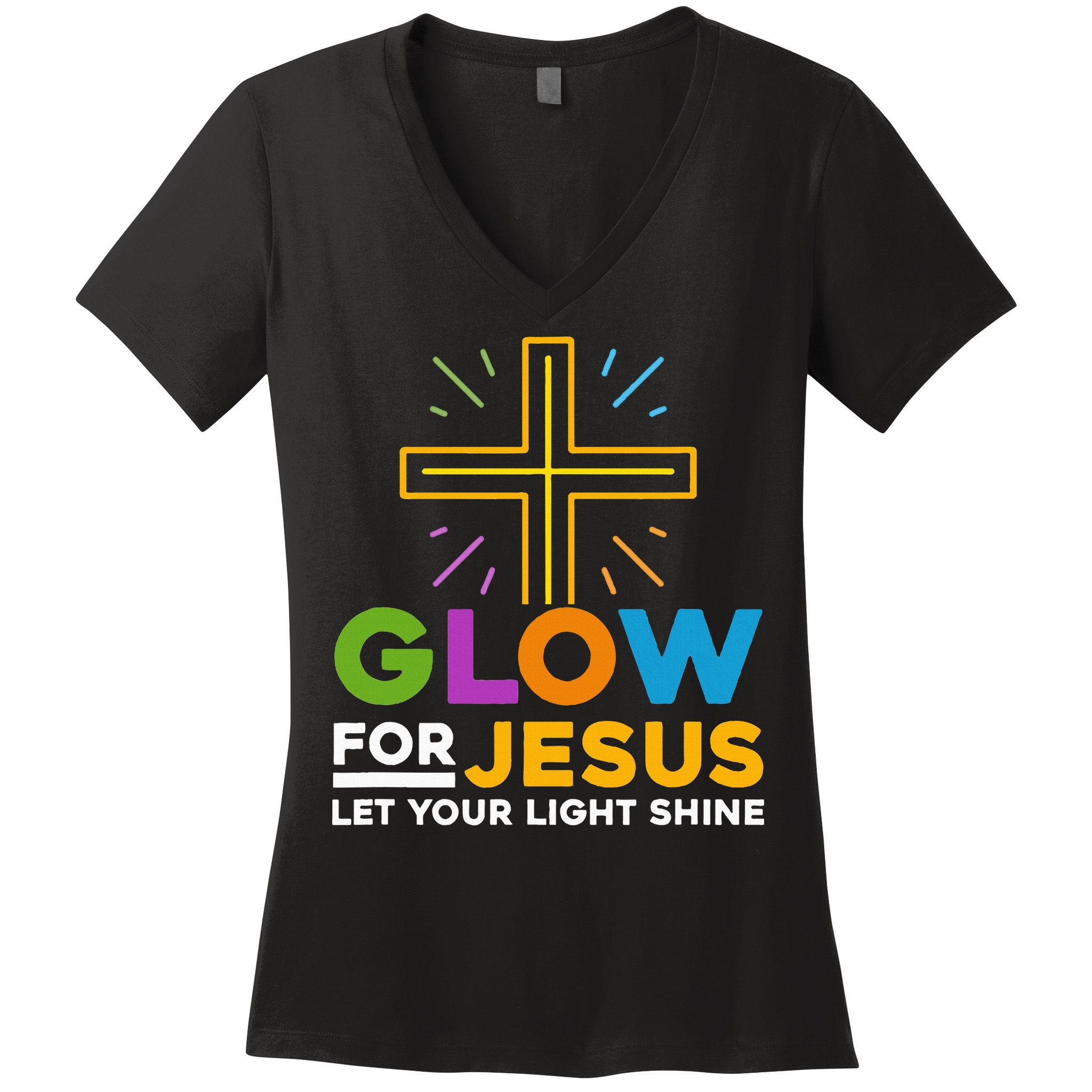 Glowfor Jesus Let Your Light Shine Faith Cross Christian Women's V-Neck T-Shirt