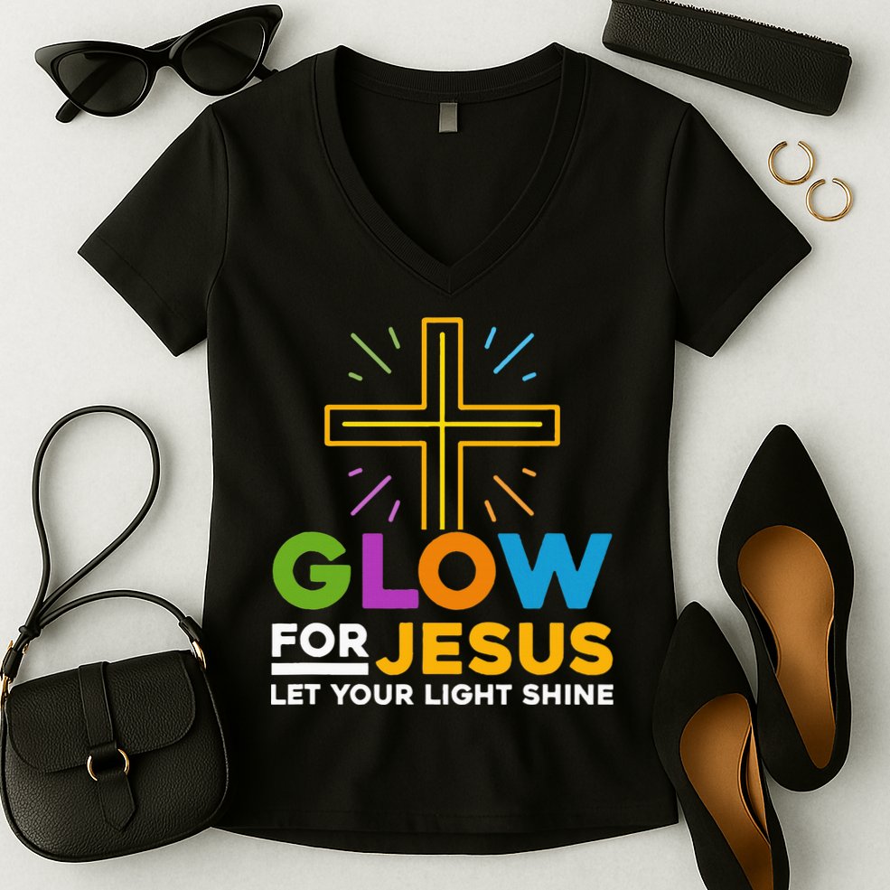 Glowfor Jesus Let Your Light Shine Faith Cross Christian Women's V-Neck T-Shirt
