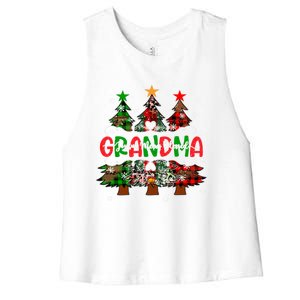 Grandma Joyful Merry Blessed Christmas Trees Buffalo Plaid Funny Gift Women's Racerback Cropped Tank