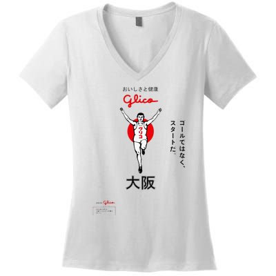 Glico Japanese Running Man Osaka Aesthetic Design Women's V-Neck T-Shirt