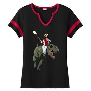 Gun Jesus Riding A Trex Dinosaur Funny Christian Dino Lover Ladies Halftime Notch Neck Tee