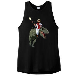 Gun Jesus Riding A Trex Dinosaur Funny Christian Dino Lover Ladies PosiCharge Tri-Blend Wicking Tank