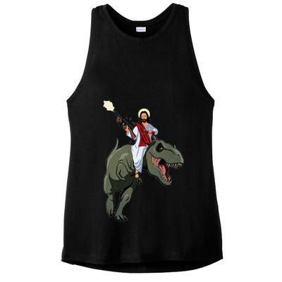 Gun Jesus Riding A Trex Dinosaur Funny Christian Dino Lover Ladies PosiCharge Tri-Blend Wicking Tank